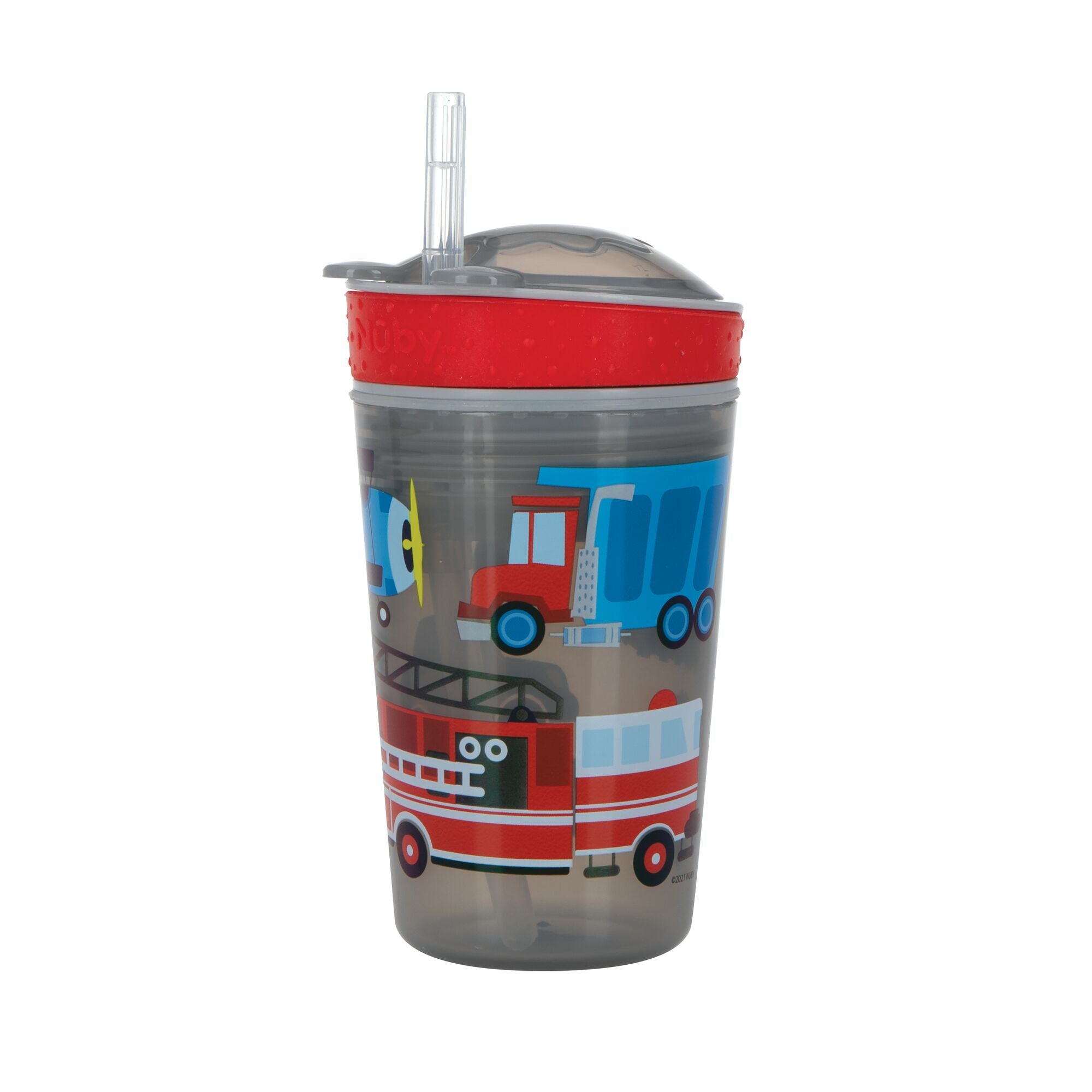 A gray plastic Snack ’N Sip Cup (2 Pack) | Transportation & Monsters for toddlers, featuring red accents, a soft silicone straw, and colorful vehicle illustrations—including a fire truck and a garbage truck—decorating the sides.