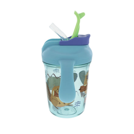 The Nuby 2-Handle Multi-Function Flip-It Cup | Beavers is a blue and clear children’s cup with animal prints, blue handles, a 360° weighted straw, and a green flip-top lid with purple accents.