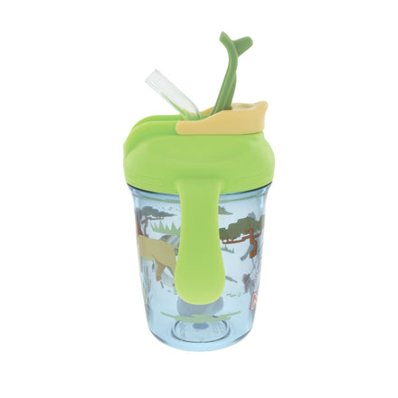 The Nuby 2-Handle Multi-Function Flip-It Cup | Safari features green handles, a yellow flip-top lid, a transparent body with animal prints, and a clear 360° weighted straw for easy drinking at any angle.