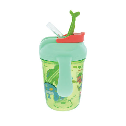 The Nuby 2-Handle Multi-Function Flip-It Cup | Dinosaurs is a green and red cup with a 360° weighted straw, flip-top lid, handles, and colorful cartoon dinosaur and plant designs.