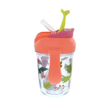 The Nuby 2-Handle Multi-Function Flip-It Cup | Tropical Birds features a clear body with orange handles, a pink lid, a 360° weighted straw, and colorful animal and leaf designs.