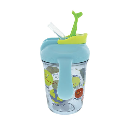 The Nuby 2-Handle Multi-Function Flip-It Cup | Solar System features blue handles and lid, a green flip-up 360° weighted straw, and fun planet and Earth illustrations—perfectly sized for little hands.