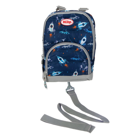 The Nuby Quilted Space Backpack with Safety Harness is a children’s navy blue backpack featuring rockets, planets, gray accents, a front pocket, and an attached toddler harness for security.