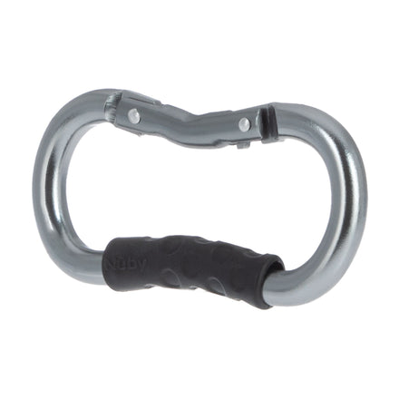 The Nuby Handy Hook Stroller Organizer Set (4 Pack) features silver metal carabiners with black textured grips and spring-loaded gates, perfect for securely attaching essentials to your stroller.