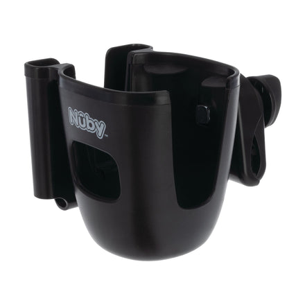 The Nuby Cup & Phone Holder features open sides and an adjustable clamp for easy attachment to strollers or handles.