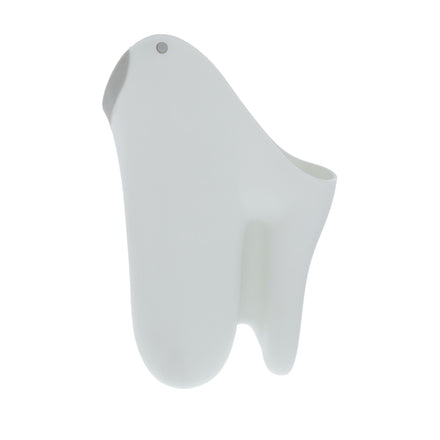 The Nuby Waterfall Rinse Pail is a white, abstract, smooth-surfaced pail with a circular indentation and side opening, designed to resemble a stylized tooth or molar—perfect for gentle, tear-free baby bath time.