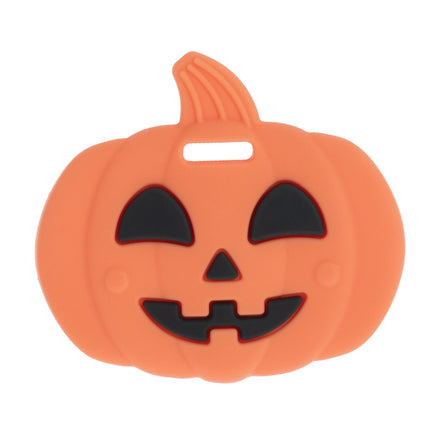 The Nuby Silicone Pumpkin Teether features a friendly jack-o-lantern face with triangular eyes and nose—an orange, cartoon-style teething toy made from safe silicone for babies.