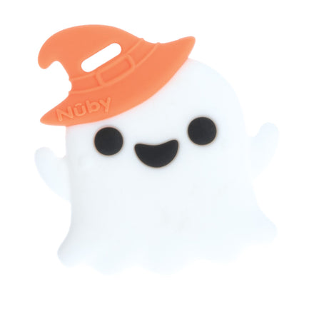 The Nuby Silicone Ghost Teether features a cute, cartoon-style white ghost with black eyes, a smiling mouth, and an orange witch hat. This playful teether adds charm to any baby teether collection.