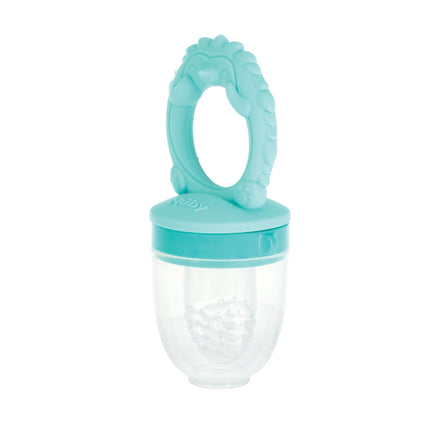 The Nuby Silicone Feeder | Hedgehog is a teal and clear, baby-safe feeder with a hedgehog-shaped handle and textured silicone pouch—ideal for safely introducing solids or soothing teething infants.