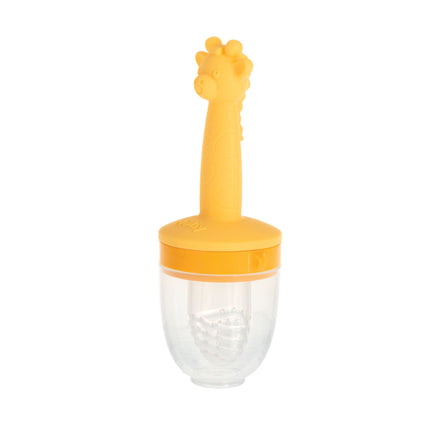 The Nuby Silicone Feeder | Giraffe is a clear silicone baby feeder with a yellow giraffe-shaped handle and lid, designed to safely introduce solid foods to infants.