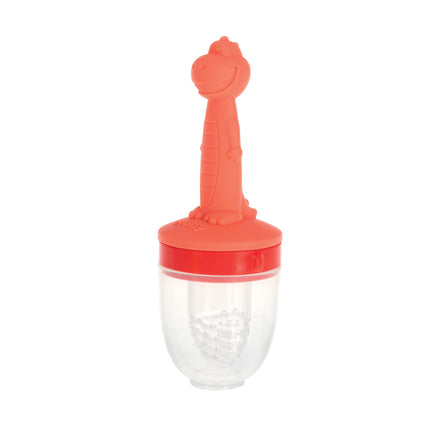 The Nuby Silicone Feeder | Dino is a clear plastic container with a red lid and a handle shaped like a smiling cartoon dinosaur. It features a textured grip and ridged, cone-shaped silicone feeder—ideal for teething relief and little hands.