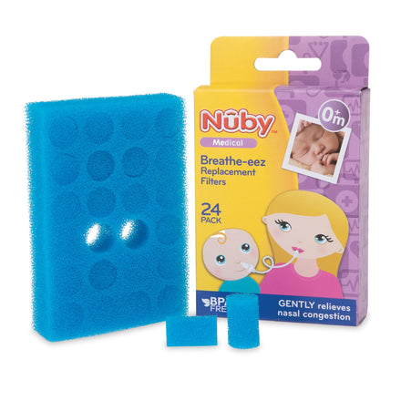 A blue filter and two small pieces are next to a Nuby Breathe-eez Replacement Filters (24 Pack) box, which features an illustration of a mother using the product on a baby’s nose.