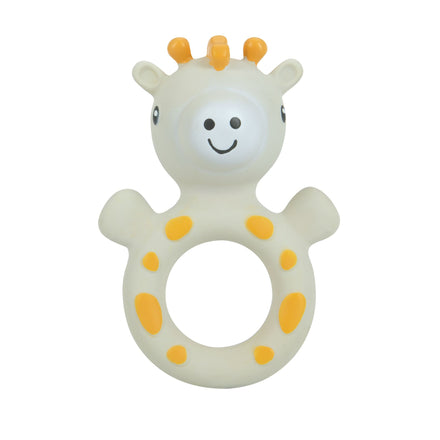 Jackie the Giraffe Natural Rubber Teething Ring | Giraffe is a cream teething toy with orange spots, a circular handle, and textured bumps for sensory development, shaped like a smiling giraffe and made from natural rubber.
