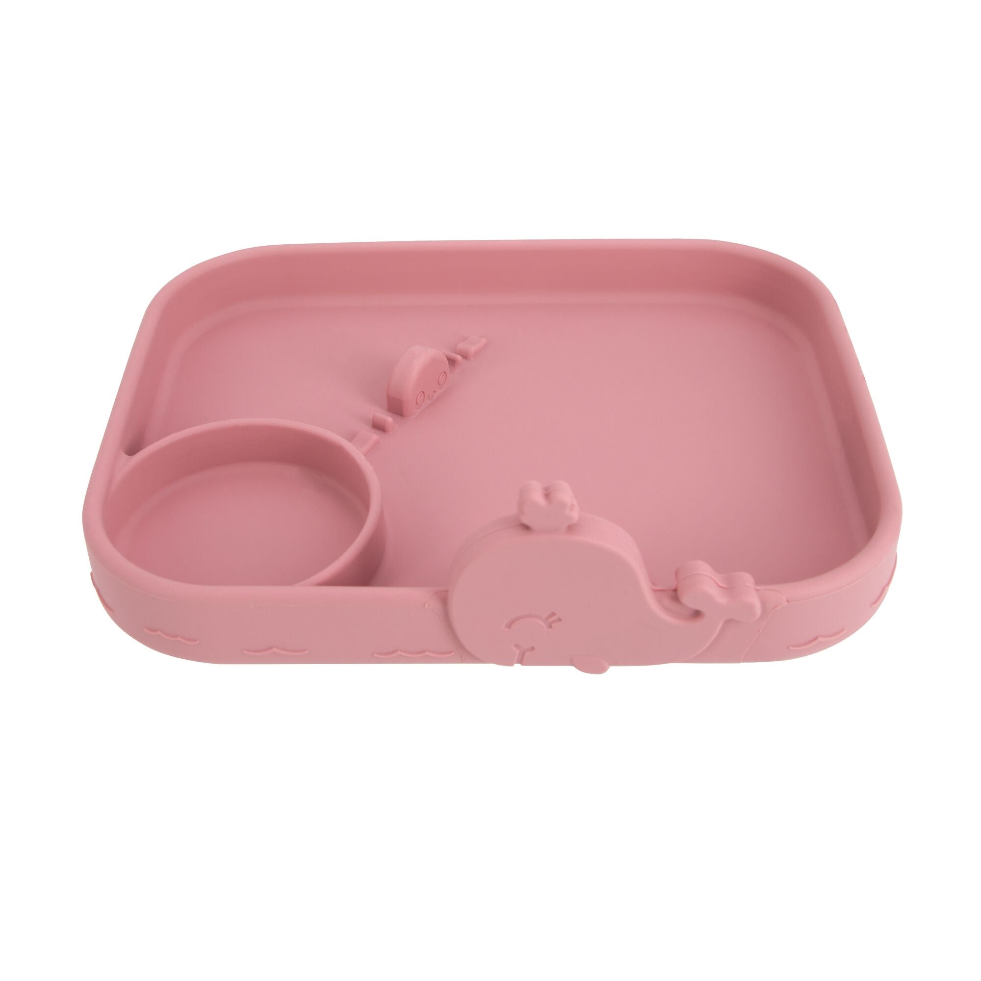 The Animal Friends All Silicone Tray is a rectangular pink silicone food tray with a small round compartment, raised whale-shaped decoration, and slightly raised edges—ideal as a baby plate for toddler feeding.