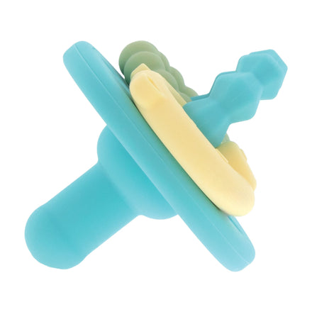 The Nuby Silicone Charms (2 Pack) in Aqua/Yellow are soothing baby pacifiers and teethers with rings and textured handles, designed for easy gripping or teething—perfect as a baby teething toy.