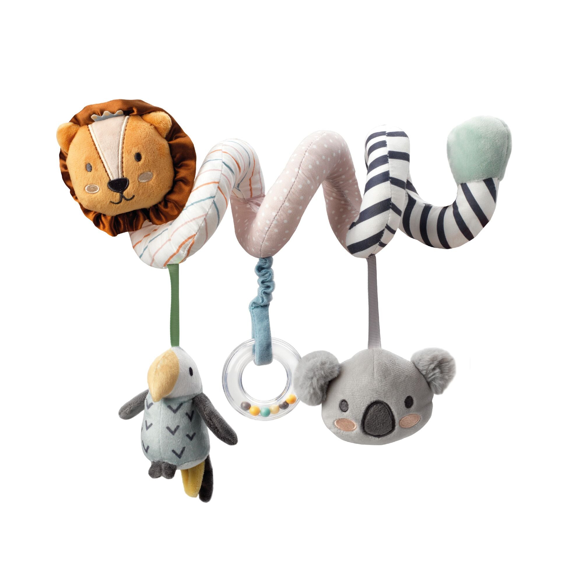 The Animal Adventures Spiral Activity Toy | Safari features a plush lion, koala, and bird, plus a clear ring rattle and pastel stripes—perfect as a sensory toy for hanging on cribs or strollers.