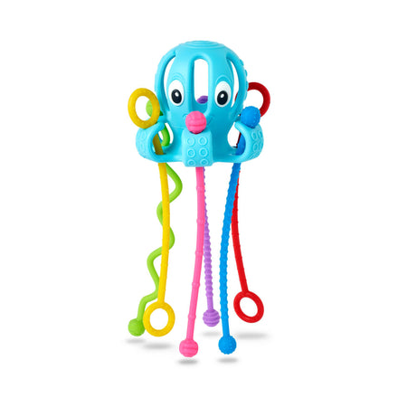 The Octopus Silicone Toy features a blue body with a smiling face and five colorful, textured tentacles in various shapes, designed to support baby motor skills and tactile development.