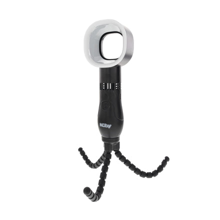 The Nuby Bladeless Fan with LED Lights features a black and white design and a handle like flexible tripod legs, allowing it to stand upright or bend into various positions. The brand name Nuby appears on the handle.