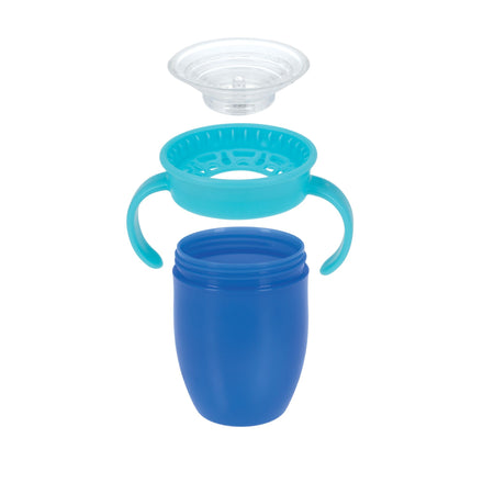 The Nuby 360 Wonder Cup with Handles (2 Pack - 5 oz) in Blue/Red is a spill-proof transition sippy cup for little ones, featuring two handles and a disassembled view showing its transparent lid and inner valve parts above the cup body.