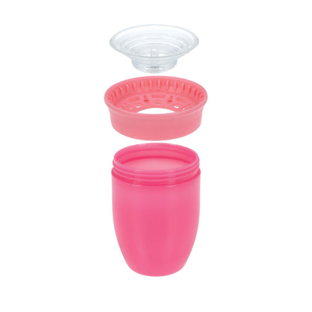 The Nuby 360 Wonder Cup (3 Pack - 7 oz) includes purple, pink, and aqua cups with an open base, perforated middle layer, and transparent lid, each stackable and separately designed.
