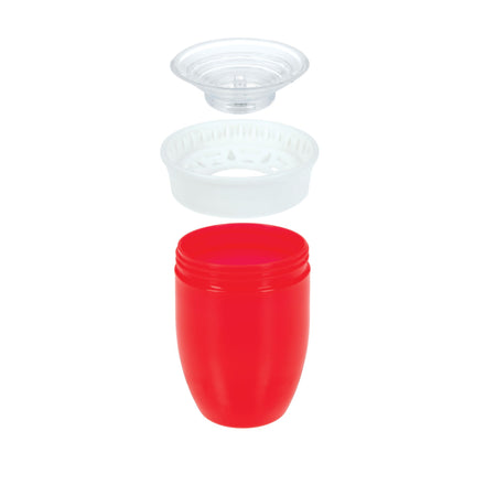 A Nuby 360 Wonder Cup (3 Pack - 7 oz) in Blue/Red/Aqua is displayed in an exploded view, showing the red base, white filter, and clear lid separated and vertically aligned against a white background.