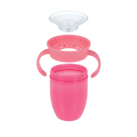 The Nuby 360 Wonder Cup with Handles (3 Pack - 7 oz) in Purple/Pink/Aqua is displayed in three parts—a pink toddler cup, a spill-proof lid, and a clear cap—arranged vertically.