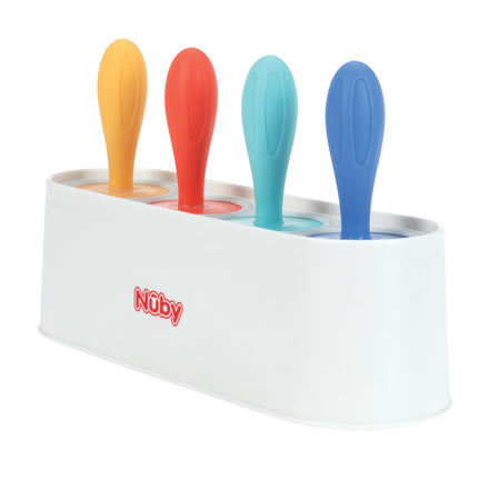 The Nuby Stick Pops Ice Pop Mold features a white tray with four colorful handles—yellow, orange, teal, and blue—ideal for making homemade frozen treats for teething babies.