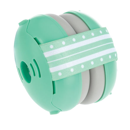 Round, mint green and gray Soft Sounds Baby Earmuffs with a striped elastic band and vent-like openings; the container is designed for hearing protection.