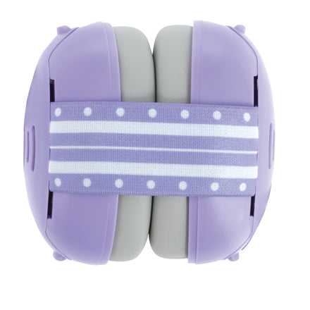 Soft Sounds Baby Earmuffs | Purple: Features gray and purple ear rollers, a purple casing, and an adjustable headband with a purple and white striped elastic band accented with polka dots.