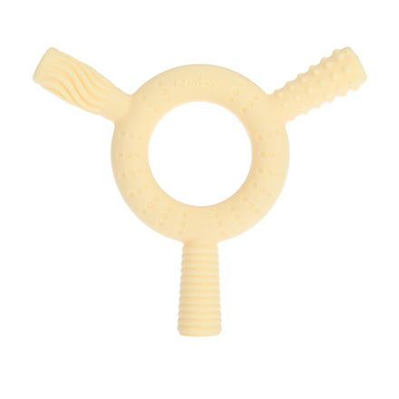 The Nuby Hollow Sensory Tube Teethers in green/yellow feature three textured handles, massaging bristles, and unique patterns for teething relief. Made of soft material, they provide comfort and are embossed with the trusted Nuby name.