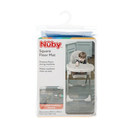 A packaged Nuby US No-Mess Mealtime Mat is shown with an image of a baby in a high chair using the mat. The package notes that this floor protector simplifies mealtime cleanup and helps keep your floors mess-free.