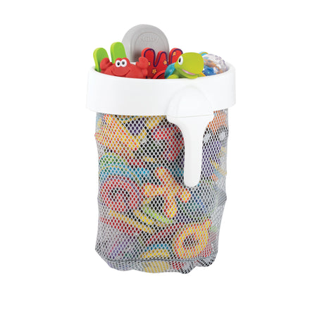 The Nuby Scoop Bath Toy Caddy is a white plastic organizer with a handle that stores colorful bath toys and a bath thermometer, with toys visible through its mesh storage bag.
