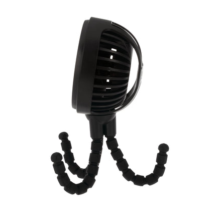 The 3-Speed Tripod Stroller Fan | Black is a compact, modern USB rechargeable fan with a round vented front and flexible, adjustable tripod legs for easy attachment to strollers or various surfaces.