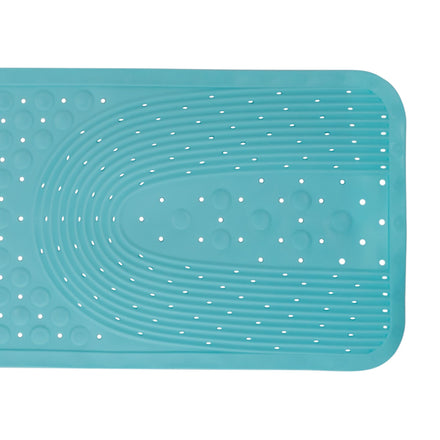 A close-up of the Nuby Cushioned Bath Mat | Aqua shows its turquoise color, circular raised patterns, and small drainage holes. This non-slip bath mat provides comfort and safety for your bathroom.