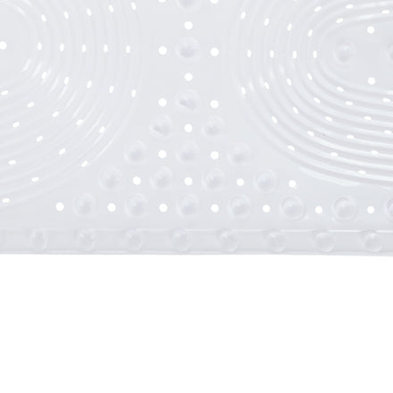 Close-up of the Nuby Cushioned Bath Mat | White, featuring raised circular bumps and small holes for grip and drainage. This non-slip mat enhances baby bath safety, making it perfect for use in baths or showers.