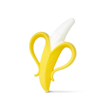 The NanaNubs Banana Massaging Toothbrush is a yellow and white silicone baby teether shaped like a peeled banana with side handles. It features "Nûby" on one handle and also serves as a gentle silicone toothbrush for gum care.