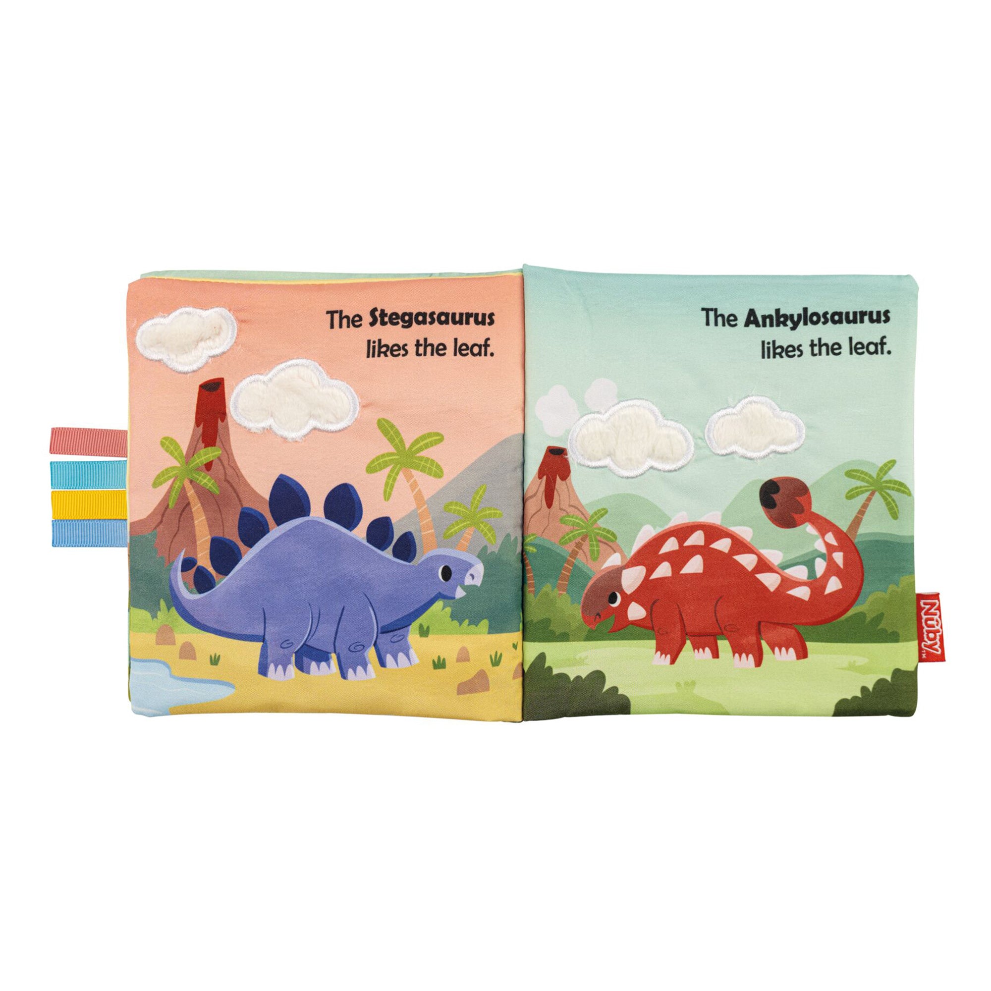 Illustration of the Baby Sensory Book | Dino featuring a blue Stegosaurus and red Ankylosaurus in a prehistoric scene, each eating a leaf. Great as a tummy time toy or Montessori baby book. Text: The Stegosaurus likes the leaf. The Ankylosaurus likes the leaf.