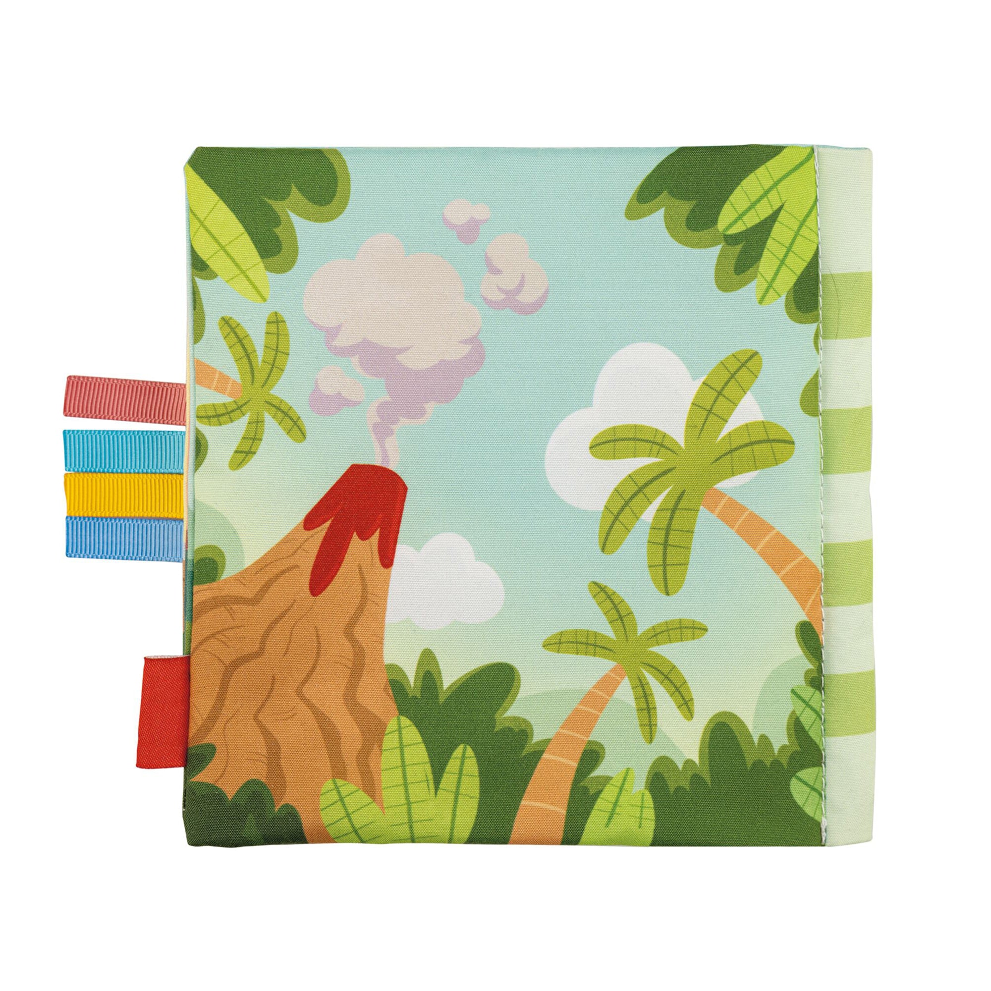 The Baby Sensory Book | Dino features a soft fabric cover with a volcano, red lava, palm trees, and green foliage under a blue sky. Colorful ribbon tags make it ideal for sensory play or tummy time.