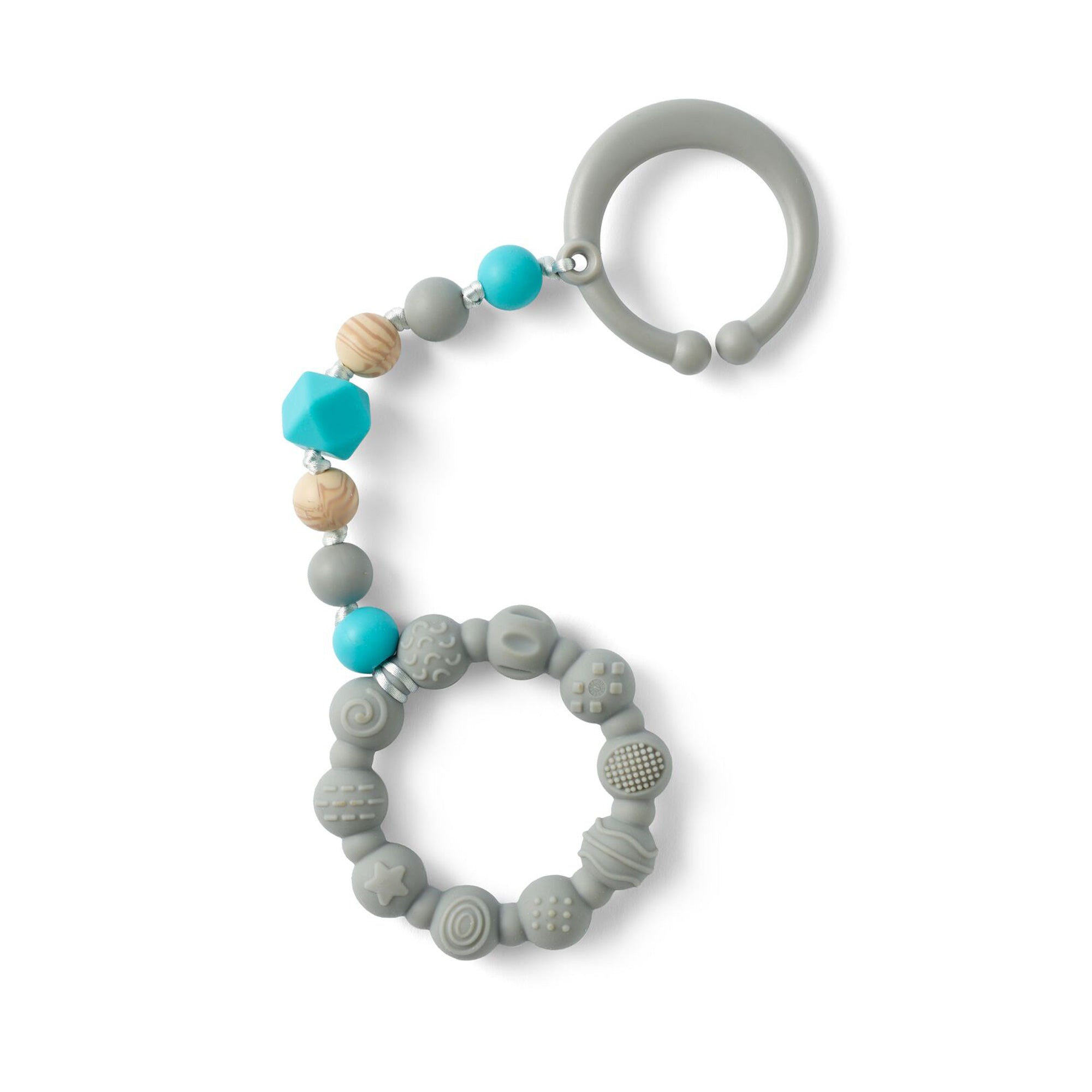 The Tag-a-Long Teether is a silicone baby teether for strollers, featuring turquoise, gray, and natural wood textured beads and a gray ring shaped like the number six.