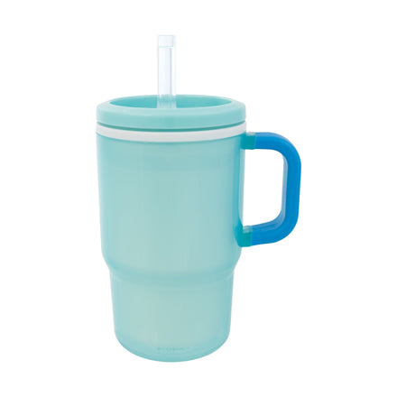An insulated Tiny Tumbler in Seafoam, featuring a large light blue design with a blue handle, white lid, and clear straw, isolated on a white background.
