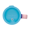 Top view of the Nûby Insulated Tiny Tumbler | Lavender lid, featuring a blue top, pink and purple handle, and a small valve in the center for this spill-proof cup.