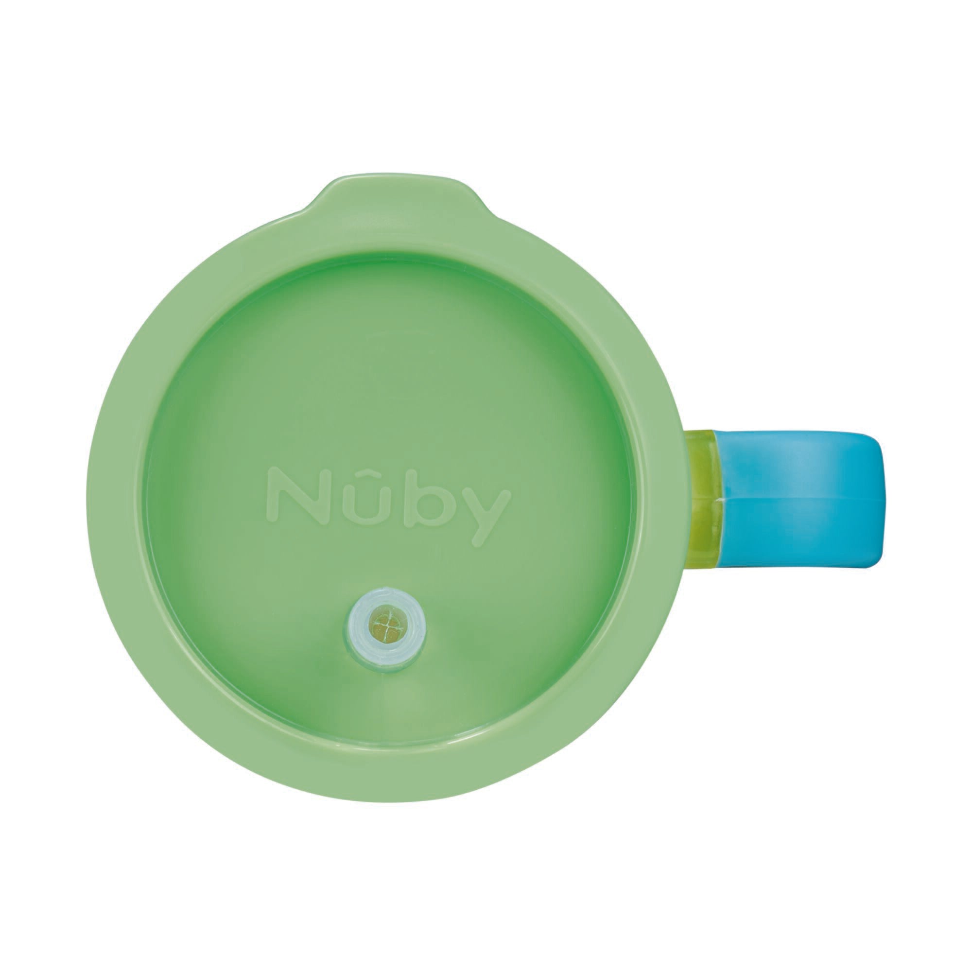 Top view of a Lemon Lime Insulated Tiny Tumbler lid by Nuby, featuring a blue handle on the right and a small silicone drinking spout in the center.