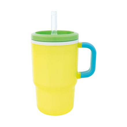 Introducing the Insulated Tiny Tumbler | Lemon Lime: a yellow silicone straw cup with a green lid, clear vertical straw, and blue side handle, all set against a white background. This no-spill toddler cup is designed for little hands.