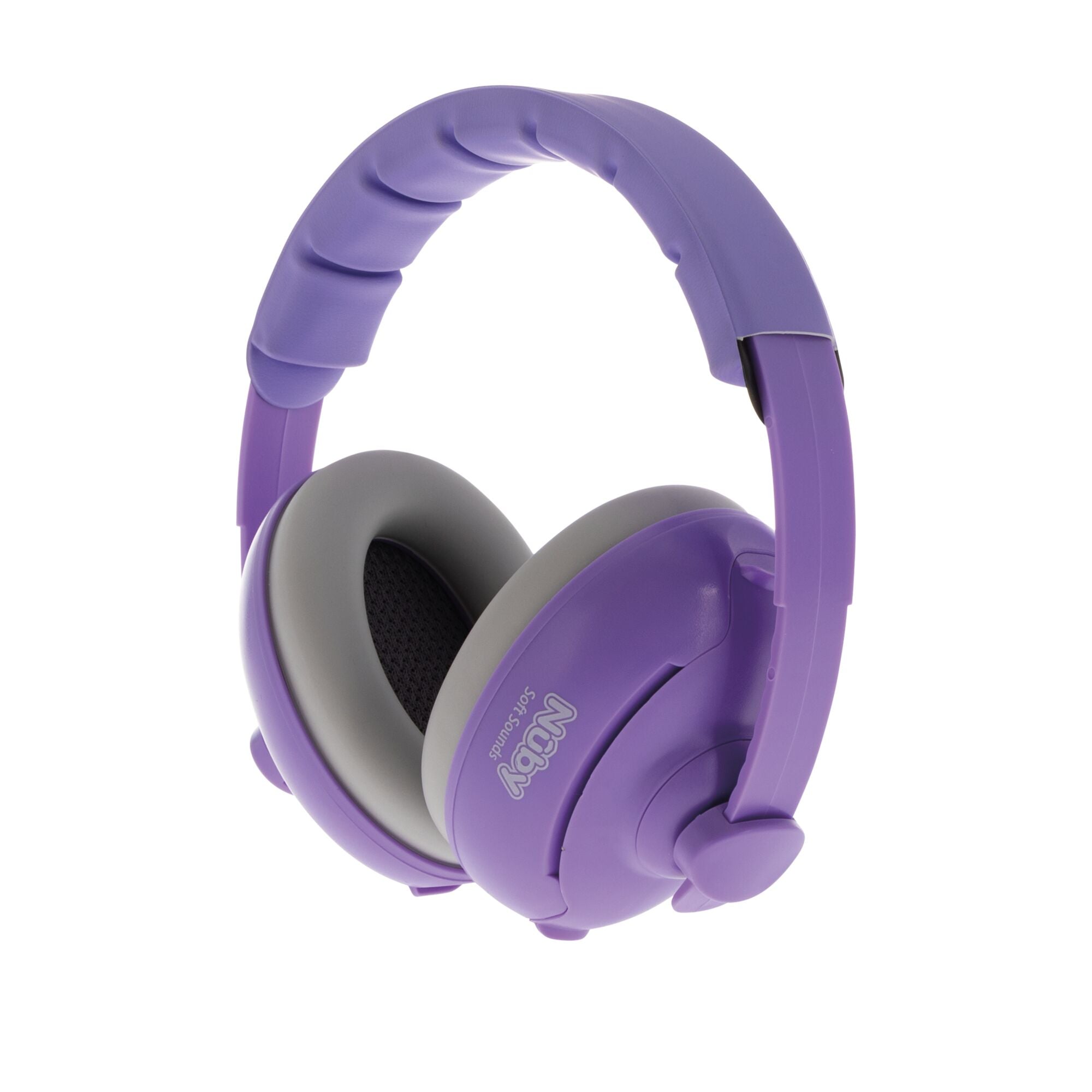 Soft Sounds 2-in-1 Noise Cancelling Earmuffs in purple, featuring cushioned gray ear pads and a padded headband for baby hearing protection, displayed against a white background.