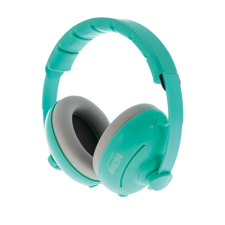 The Soft Sounds 2-in-1 Noise Cancelling Earmuffs in aqua feature cushioned gray ear pads and adjustable earmuffs, displayed against a white background.