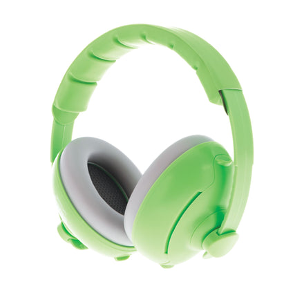 Soft Sounds 2-in-1 Noise Cancelling Earmuffs in green, with cushioned gray ear pads and adjustable padded headband, shown on a white background. Designed for comfort and baby hearing protection.