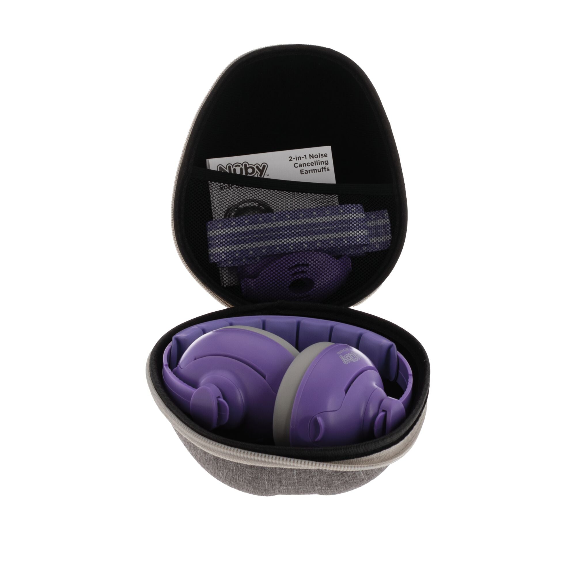 The Soft Sounds 2-in-1 Noise Cancelling Earmuffs | Purple for kids come in a gray zippered case with a mesh pocket holding instructions and baby hearing protection accessories.