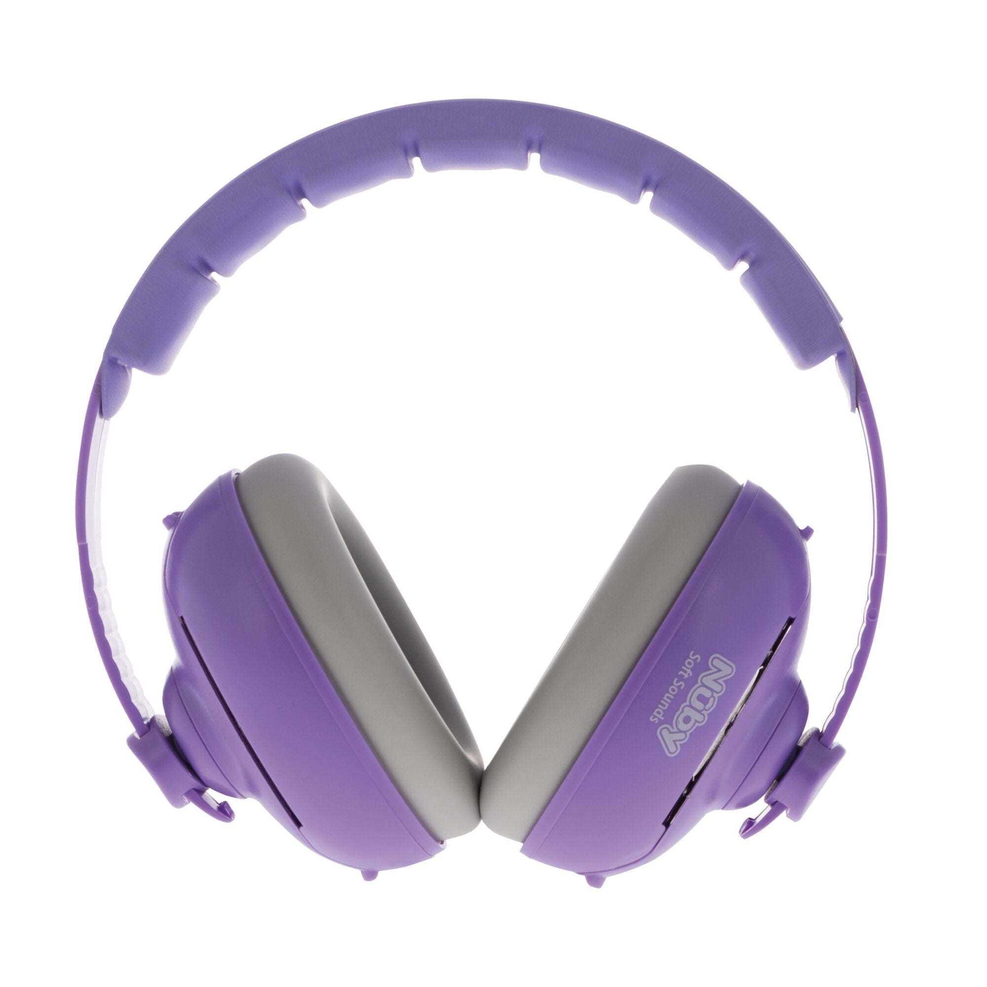 The Soft Sounds 2-in-1 Noise Cancelling Earmuffs in purple feature over-ear cushioned gray pads and a curved, padded headband, designed for baby hearing protection. Shown from the front on a white background.