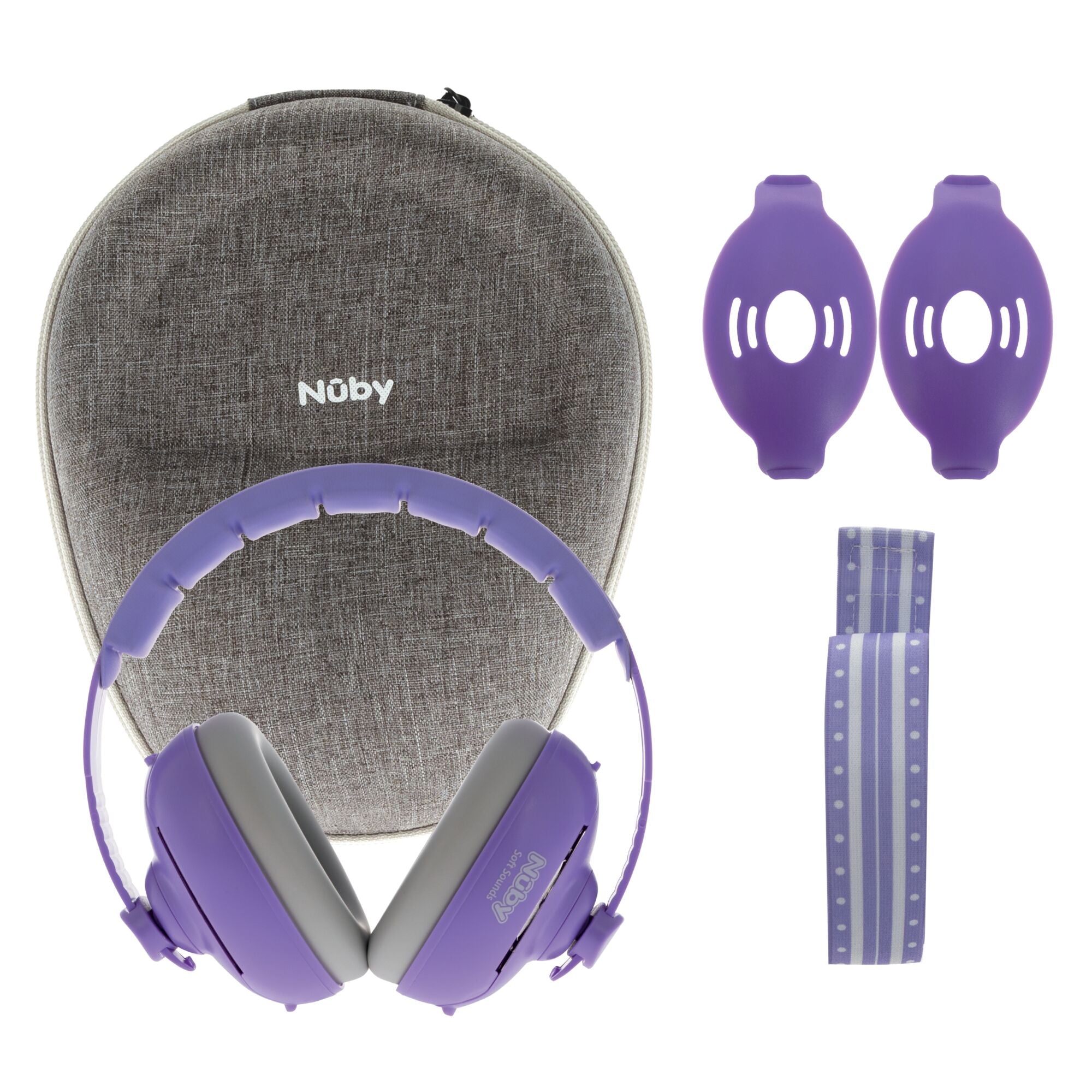 Soft Sounds 2-in-1 Noise Cancelling Earmuffs in purple are shown with a matching gray case, two purple oval silicone covers, and a purple-and-white striped strap—perfect for baby hearing protection.