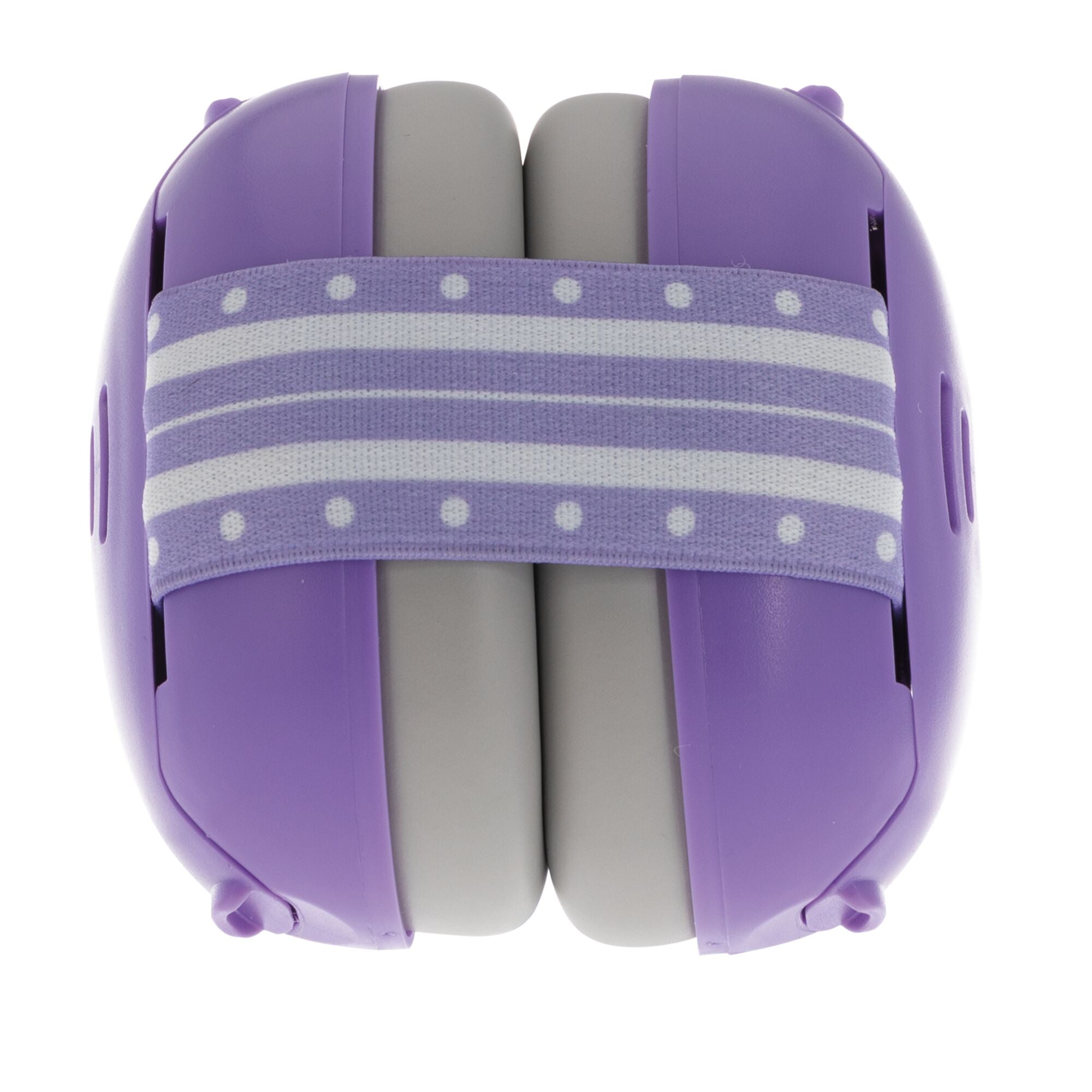 The Soft Sounds 2-in-1 Noise Cancelling Earmuffs | Purple feature gray cushioned pads, purple plastic shells, and a purple elastic band with white stripes and dots—perfect for baby hearing protection.